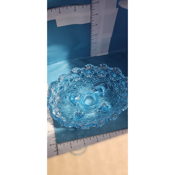 Vintage Blue Daisy & Button Pressed Glass Footed Bowl 3-Leg 6.5" Retro - Picture 6 of 11